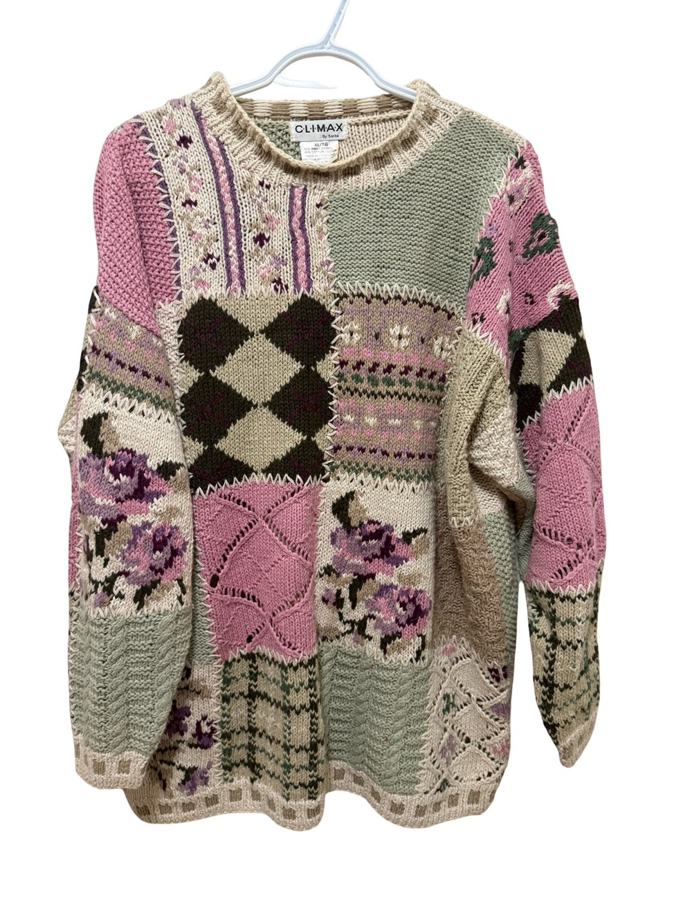 Vintage Climax Patchwork Knit Sweater - Pink, Sage & Beige